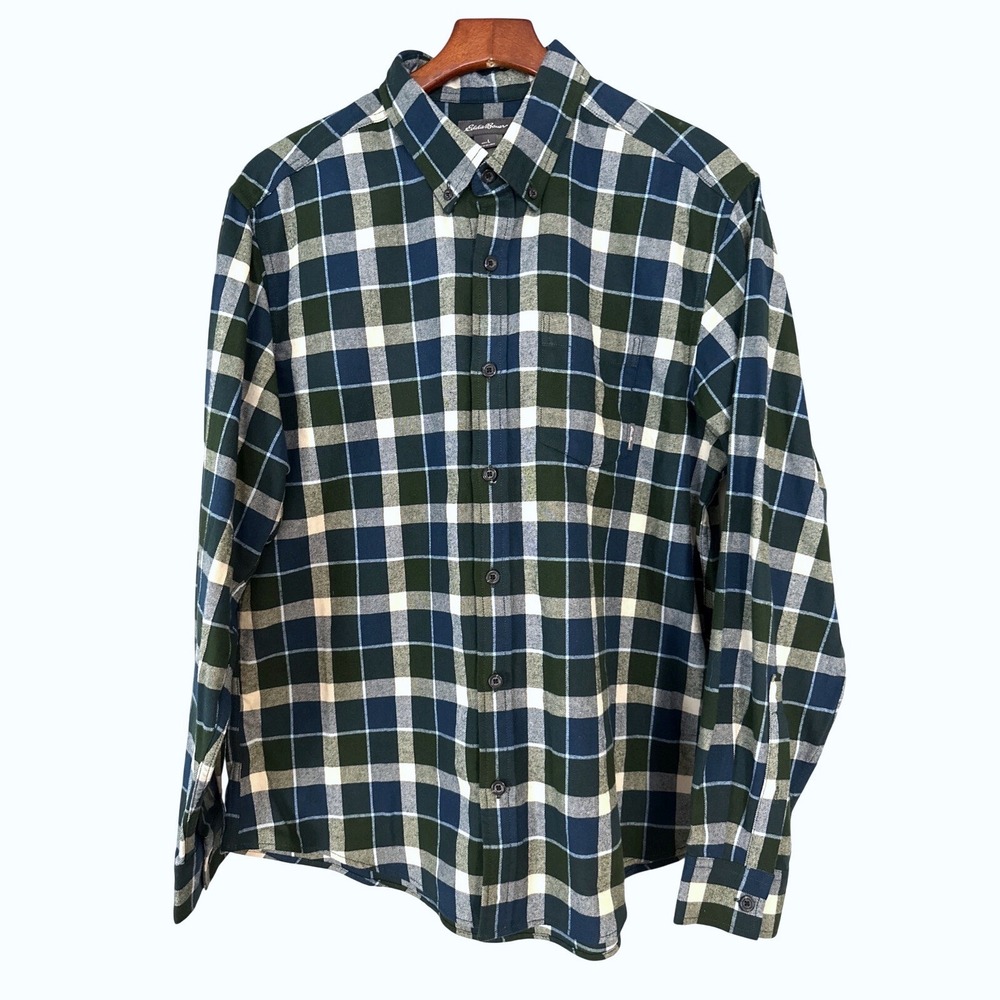 Eddie Bauer Flannel Shirt Mens Large Green Blue Plaid Excellent Button Down